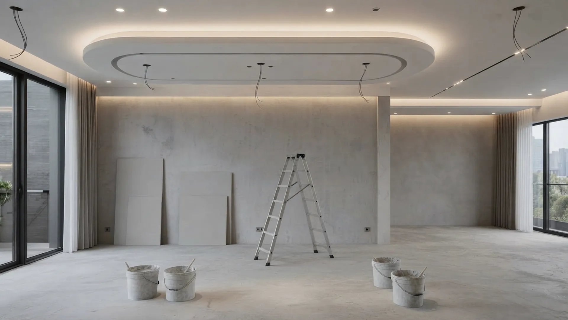 The room stripped to bare concrete during renovation